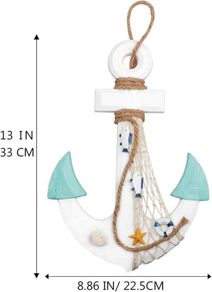 2 Pack 11" Nautical Beach Wooden Ship Wheel and 13" Wood Anchor with Rope Nautical Boat Steering Wheel Rudder Anchor Wall Decor Door Hanging Ornament Beach Theme Home Decoration(White&Green)