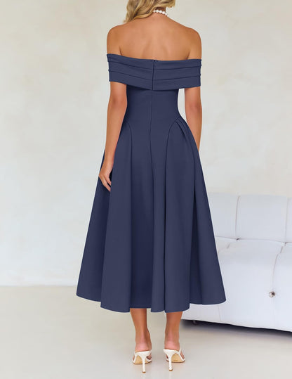 ZESICA Summer 2026 Cocktail Dresses for Women's Off Shoulder Short Sleeve Swing A Line Wedding Evening Party Midi Dress