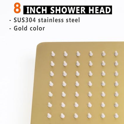 8 Inch Rain Shower Head, BSTIIU High Flow Stainless Steel Square Rainfall ShowerHead, High Pressure Overhead Shower Heads, Wall  Ceiling Mount Ultra Thin Stainless Steel Shower Head, Brushed Gold