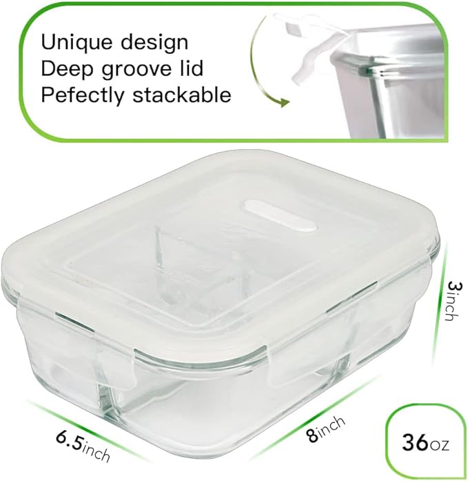 DAS TRUST 3 Pack Bento Box Glass Meal Prep Containers 3 Compartment Glass Food Storage Containers with Lids Lunch Box Meal Prep Bowls Glass Food Prep Containers Lunch Container Oven Safe