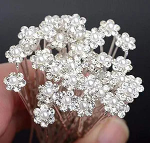 AKOAK 40 Pcs Bride Diamond Pearl Flower Tiara Wedding Bridesmaid Pearl Flower Hair Pin Delicate and Elegant Female U-pin Metal Hair Fork for Women's Hair Jewelry