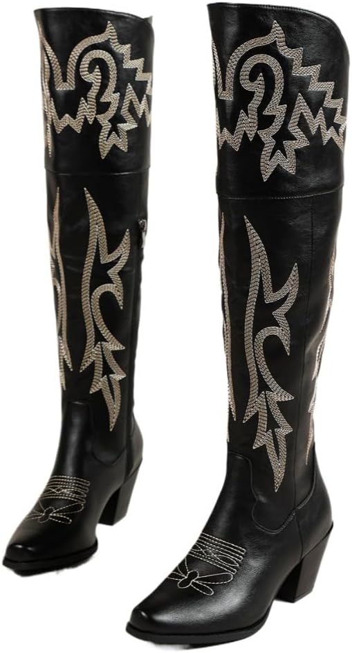 Cowboy Boots for Women Over the Knee Western Boots Embroidery Cowgirl Pull-On Pointy Toe & Wide - Retro Comfortable Walking Lightweight Running Standing All Day Trending Fashion Plus Size