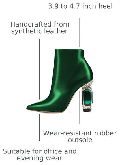 Women Chic Pointed Toe Crystal Chunky Block High Heel Ankle Boots Glossy Side Zipper Casual Daily Fashion Ladies Fall Shoes Size 4-15 US