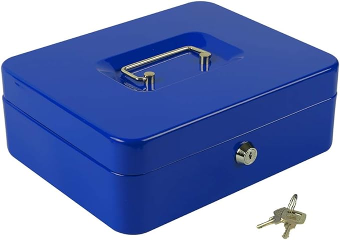 KYODOLED Large Lock Box with Money Tray,Storage Cash Box with Lock,Safe Metal Box for Money,9.84"x 7.87"x 3.54" Blue Large