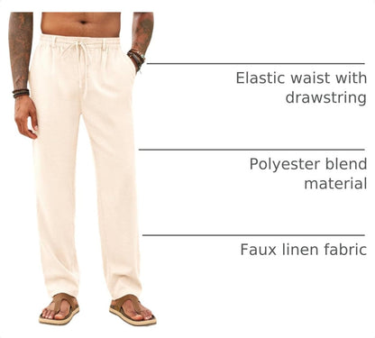 Runcati Mens Casual Pants Linen Elastic Waist Drawstring Lightweight Pants Loose Fit Summer Beach Yoga Trouser.