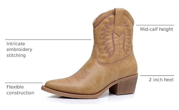GLOBALWIN Women's Western Charm Cowgirl Boots Mid Calf Comfy Cowboy Boots For Women With Pointed Toe