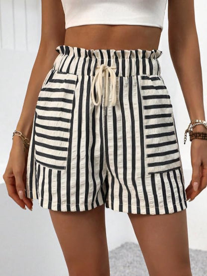 heyheyshine Striped Shorts for Women Elastic High Waisted Wide Leg Womens Shorts Dressy Casual Striped Shorts with Pockets