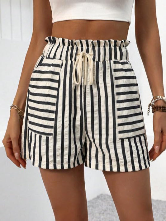 heyheyshine Striped Shorts for Women Elastic High Waisted Wide Leg Womens Shorts Dressy Casual Striped Shorts with Pockets