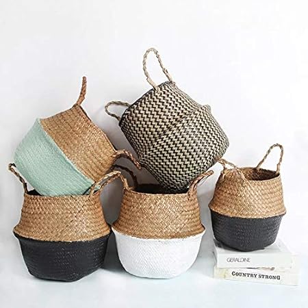 Storage Baskets Laundry Seagrass Baskets Wicker Hanging Flower Pot Baskets Storage Flower Home Pot Panier Osier Basket for Toys (Brown, 22cmX20cm)