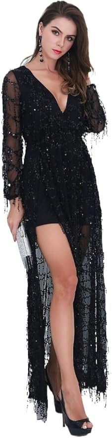 Spring Fall Dress for Women Long Sleeve Regular Fit Slit Plunge Neck Sequin Mesh Dress