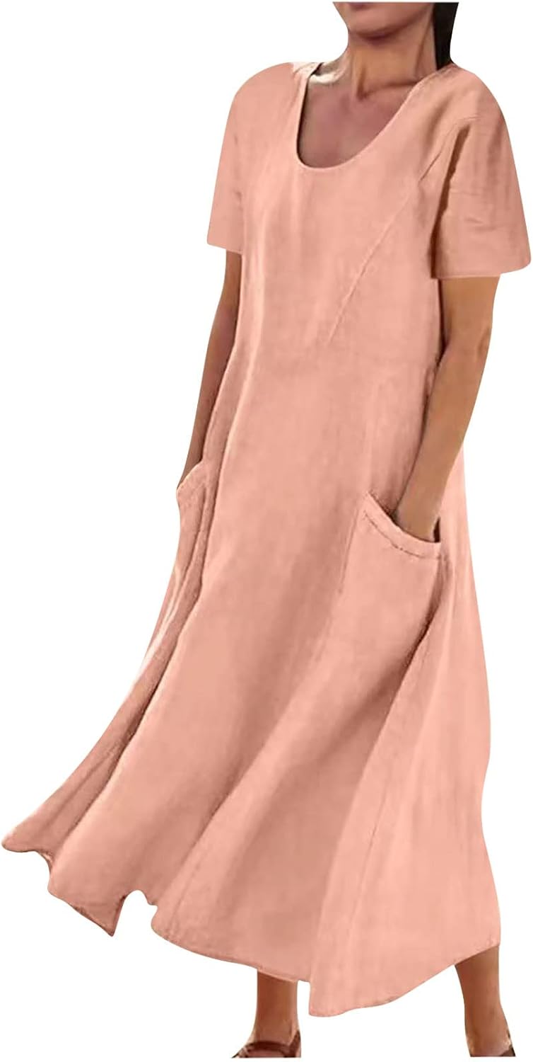 SMIDOW Women's Summer Cotton Linen Long Dress Sleeveless Elegant Flowy Dresses Plus Size Loose Comfy Dress with Pockets