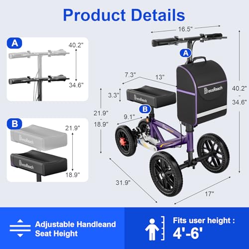 All Terrain Foldable Knee Scooter Walker, Disc Brake Knee Walker for Foot Injuries, Compact Crutches Alternative (Purple)