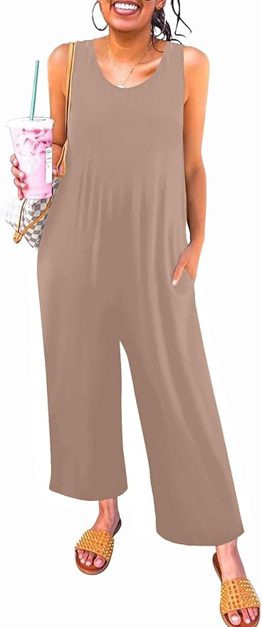 Women's Summer Casual Loose Tank Jumpsuit Sleeveless Crewneck Long Pants Jumpsuit Romper with Pockets