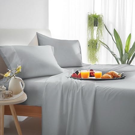Haus and Kinder King Size Sheets Set, 400 Thread Count Cotton Sheets with Sateen Weave, 4 Piece Set with 15 Deep Pocket (Light Grey)