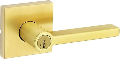 Kwikset Halifax Entry Door Handle with Lock and Key, Secure Keyed Reversible Lever Exterior, For Front Entrance and Bedrooms, Satin Brass, Pick Resistant Smartkey Rekey Security and Microban