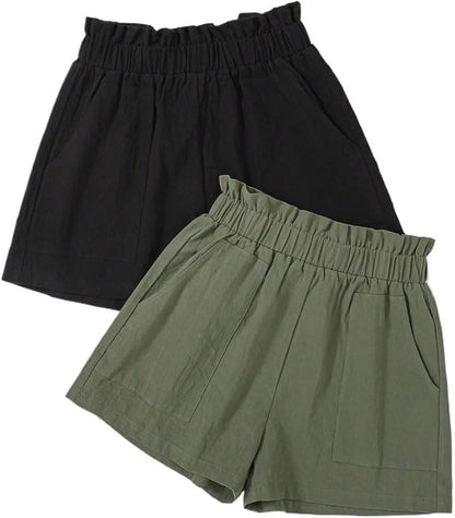 Women's Mid-Rise Short Elastic Double Pocket Shorts Two Pieces Set