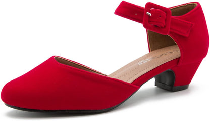 Enelauge Women's Ankle Buckle Strap Low Block Chunky Heels Closed Toe D'Orsay Pumps Dress Work Church Evening Shoes