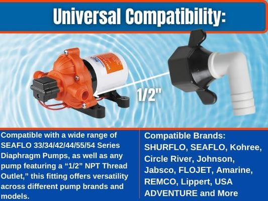 SEAFLO (NO: 51F03) 12"-14 FNPT x 12" Barb Angled Universal Pump Fittings for SHURFLO, SEAFLO, Circle River, Johnson, Jabsco, FLOJET, REMCO, Lippert, USA ADVENTURE and other Pumps (1-Pack)