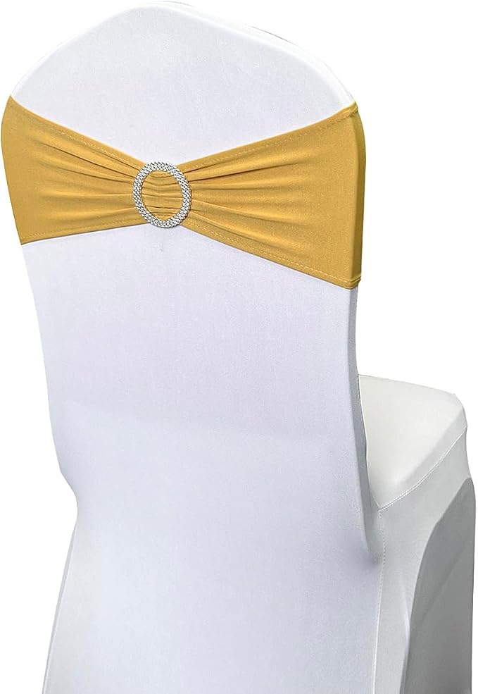 Spandex Chair Sashes Bands 50PCS Stretch Chair Ties Bows with Buckle Slider for Wedding Party Banquet Decoration (Gold)A