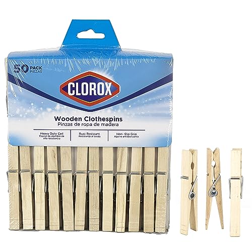 Clorox Wood Clothespins with Spring Value Pack Set of 50 | Rust Resistant, Heavy-Duty Coil, Non-Slip Grip for Line Drying Laundry, Chip Clips, Crafts, 50 Pack