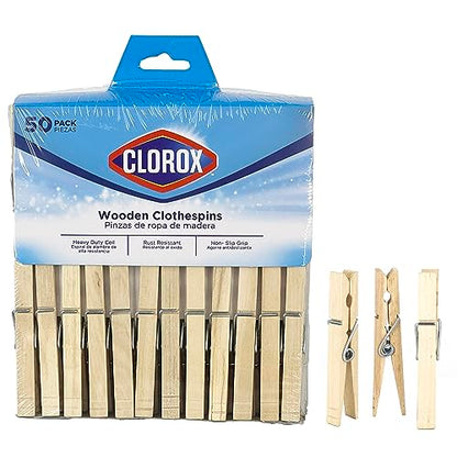 Clorox Wood Clothespins with Spring Value Pack Set of 50 | Rust Resistant, Heavy-Duty Coil, Non-Slip Grip for Line Drying Laundry, Chip Clips, Crafts, 50 Pack