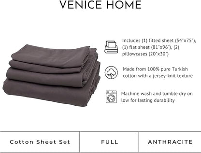 100 Cotton Bed Sheet Set with Deep Pocket - T-Shirt Fabric Jersey Knit - Extra Soft - Easy Fit - 4 Piece Set with Pillowcases - All Season - Comfy  4 pcs (Anthracite, Full)
