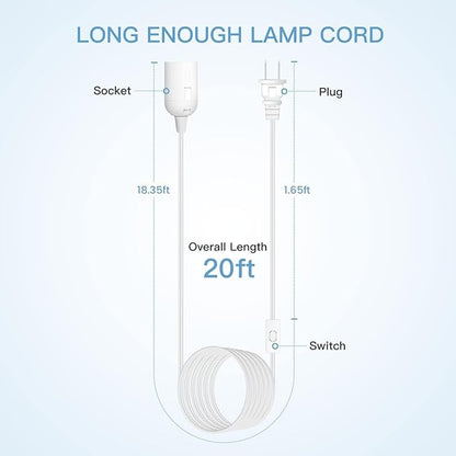 Simple Deluxe 20 Feet Extension Hanging Lantern Pendant Light Cord with E26 Socket, Featuring an OnOff Switch(Bulb Not Included), White1 Pack