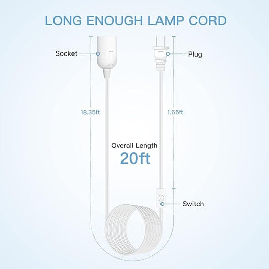 Simple Deluxe 20 Feet Extension Hanging Lantern Pendant Light Cord with E26 Socket, Featuring an OnOff Switch(Bulb Not Included), White1 Pack