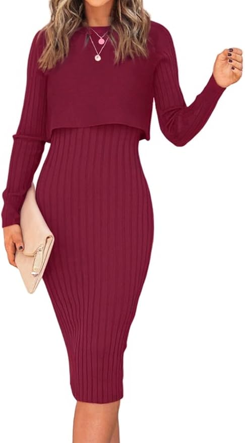 Ezbelle Women's Long Sleeve Sweater Dresses 2 Piece Outfits Sets Ribbed Knit Crop Tops and Tank Bodycon Midi Dress.