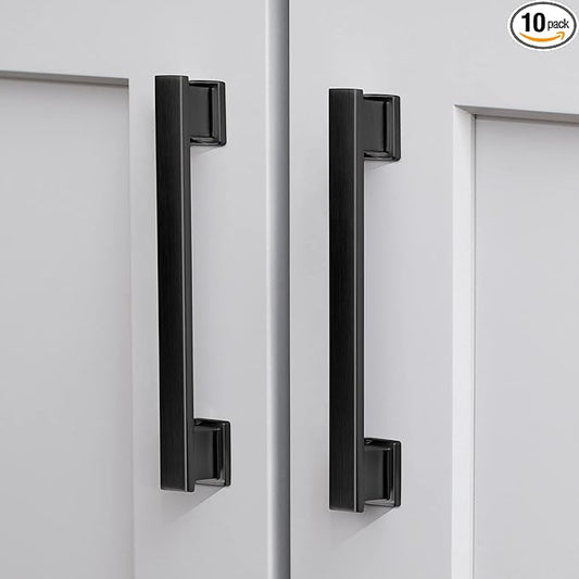 10 Pack Square Matte Black Cabinet Pulls, 5 Inch(128mm) Hole Centers Kitchen Cabinet Handles Drawer Pulls Kitchen Hardware for Cabinets,Cupboard Closet Bathroom Dresser, Solid Zinc Alloy