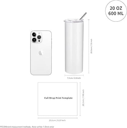 PYD Life Skinny 20 OZ Straight Stainless Steel White Tumbler with Metal Straw for Heat Press Machine Printing 4 Pack