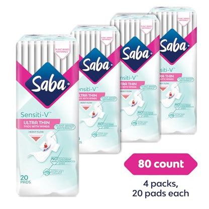 Saba Sensiti-V Ultra Thin Regular Sanitary Napkin Pads with Wings, 4-Pack of 20 Pads (80 Count)