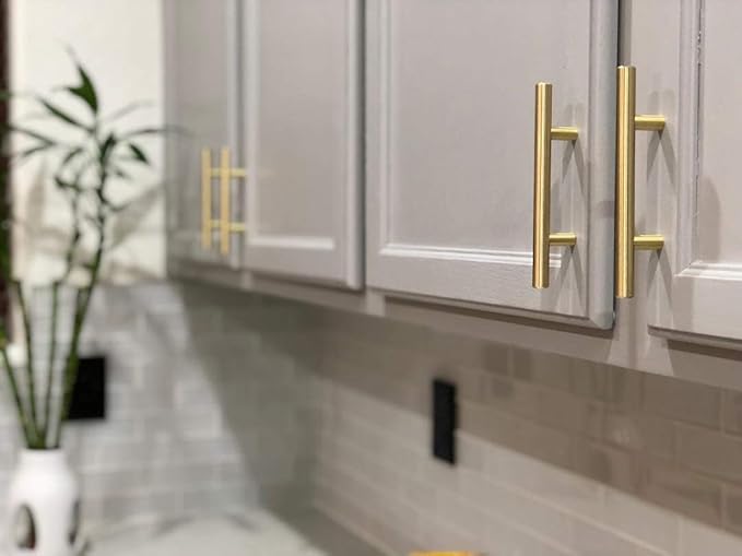 Satin Brass Cabinet Hardware Euro Style Bar Handle Pull - 6-3/4" Length - 96mm ~ 3-3/4" Hole - Brushed Brass Modern Gold