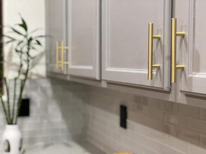 Satin Brass Cabinet Hardware Euro Style Bar Handle Pull - 6-3/4" Length - 96mm ~ 3-3/4" Hole - Brushed Brass Modern Gold