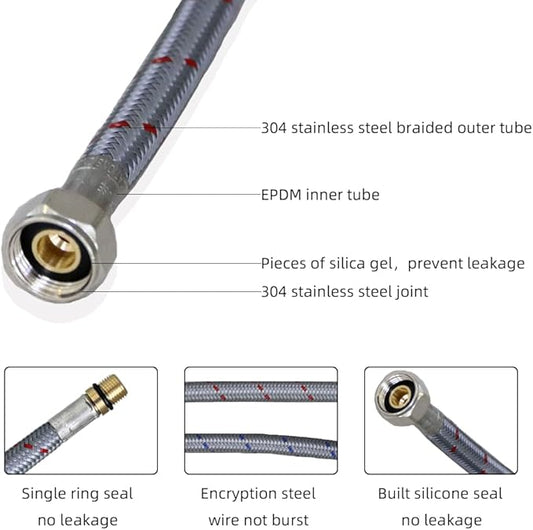 Long Faucet Connector Braided Stainless Steel 304 Supply Hose 38-Inch Female Compression Thread, x 2 Pcs (1 Pair)