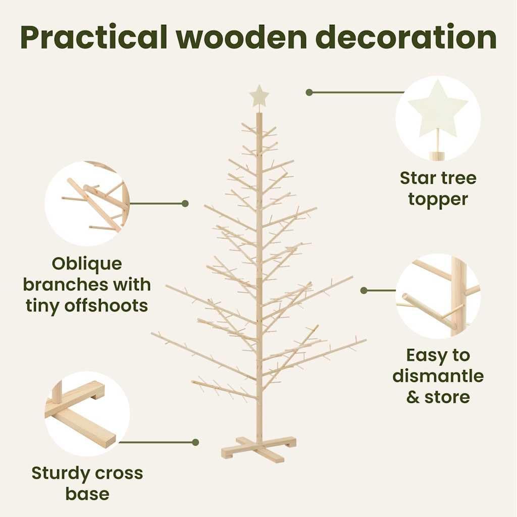 vidaXL Wooden Christmas Tree with Stand Natural 70,9" Solid Pine Wood, Living Room, Modern Wooden Christmas Tree, Minimalist Design, Beige Holiday Decoration, Indoor Festive Decor, Simple Pine