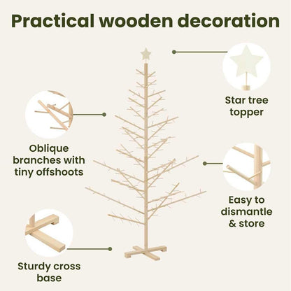 vidaXL Wooden Christmas Tree with Stand Natural 70,9" Solid Pine Wood, Living Room, Modern Wooden Christmas Tree, Minimalist Design, Beige Holiday Decoration, Indoor Festive Decor, Simple Pine