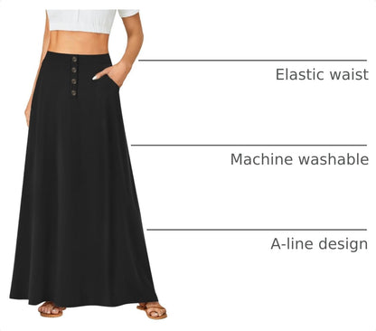 Rooscier Women's High Waist Button Front A-Line Long Maxi Skirt with Pockets