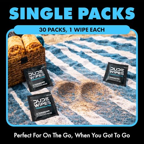 DUDE Wipes On-The-Go Unscented Travel Wipes - 30 Count (Individually Wrapped) - Extra-Large Adult Flushable Wipes for Sensitive Skin - Infused with Vitamin E and Aloe - Septic and Sewer Safe