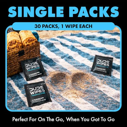 DUDE Wipes On-The-Go Unscented Travel Wipes - 30 Count (Individually Wrapped) - Extra-Large Adult Flushable Wipes for Sensitive Skin - Infused with Vitamin E and Aloe - Septic and Sewer Safe