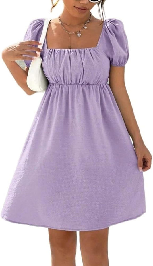Women's Summer Sexy Formal Square Neck Puff Sleeve Ruched Bust Dress Cocktail Club Casual Party