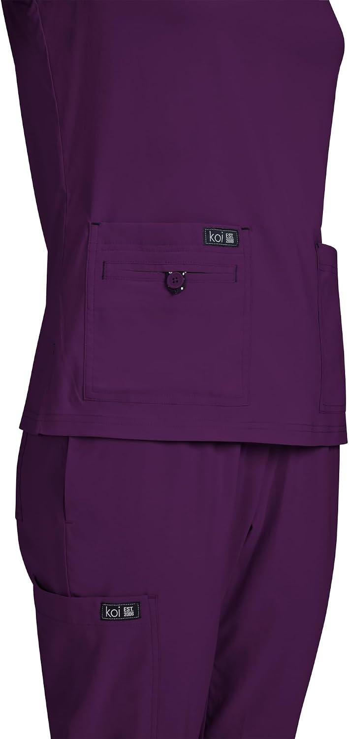 KOI Basics Women's Becca V-Neck Scrub Top, 4 Pockets, ID Bungee Loop, Moisture-Wicking Performance