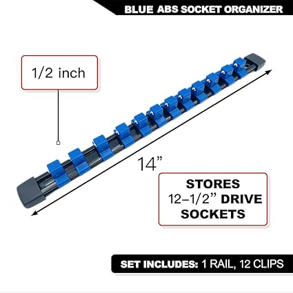 1/2-Inch Drive ABS Socket Organizer, Heavy Duty Socket Racks, Socket Holder Kit 1/2-Inch x 12 Clips Premium Quality Socket Clip Rail Holder(1/2-Blue)