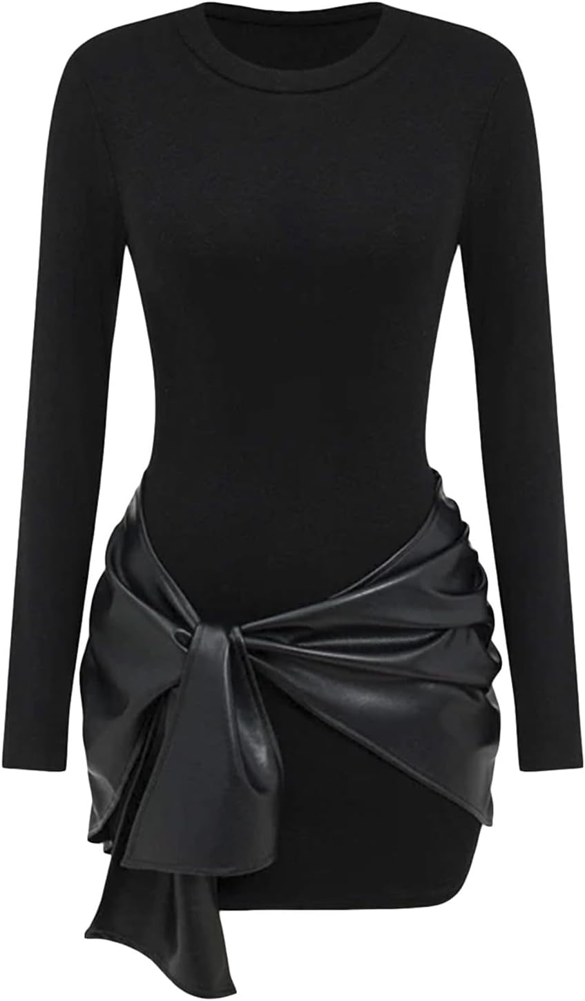 Qikaka Women's Long Sleeve O Neck PU Leather Paneled Ruched Ruffles Sexy Nightclub Party Mini Dress