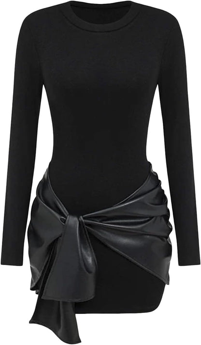 Qikaka Women's Long Sleeve O Neck PU Leather Paneled Ruched Ruffles Sexy Nightclub Party Mini Dress