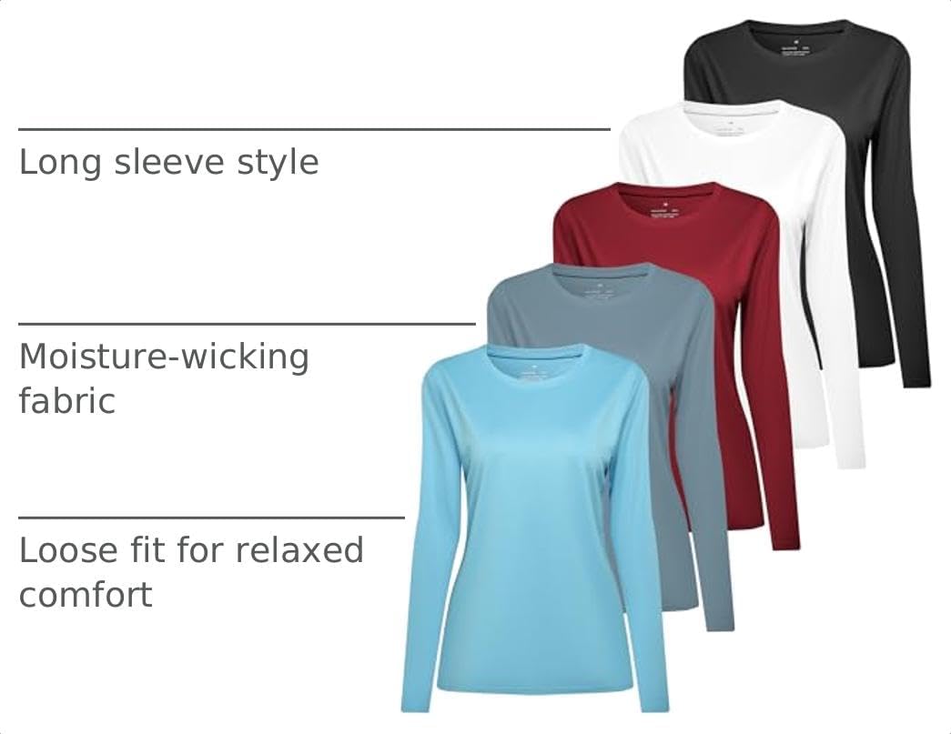 HovSiyla 5 Pack Women Long Sleeve Shirts Running UV Rash Guard Casual Tops Sun Protection Workout Hiking T Shirts for Women