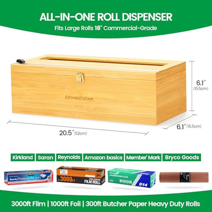 18 Inch Plastic Wrap Dispenser with Cutter & Roller, Heavy Duty Bamboo Commercial Film Wrap Holder for 3000ft Food Service Cling Film, 1000ft Foil, Butcher/Freezer/Kraft Paper