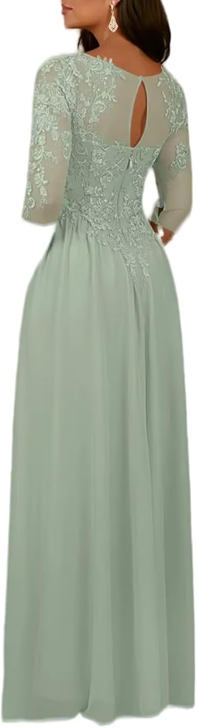 DMCDBHY Women's Chiffon Mother of The Bride Dress Lace Applique 3/4 Sleeve Formal Evening Gown