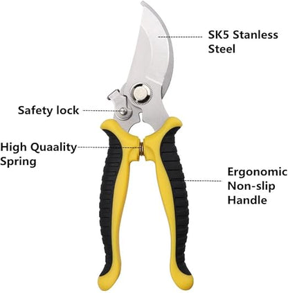SZHDX Garden Pruning Shears, 7.5" Professional Gardening Scissors, SK-5 Stainless Steel Blade Tree Secateurs, Manual Pruner for Plants, Gardening, Trimming, Garden Tools