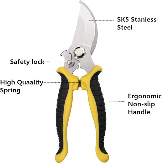 SZHDX Garden Pruning Shears, 7.5" Professional Gardening Scissors, SK-5 Stainless Steel Blade Tree Secateurs, Manual Pruner for Plants, Gardening, Trimming, Garden Tools